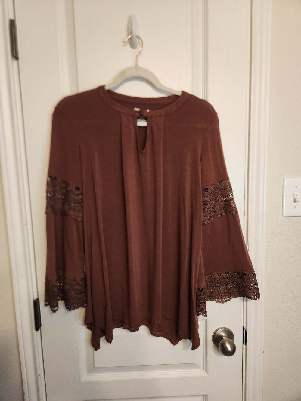 Wrangler Women's Brown Rayon-Blend Long Sleeve Top with Crochet Bell Sleeves